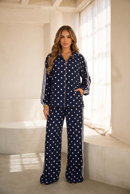 Janelle Polka Dot Track Pants Set - Navy