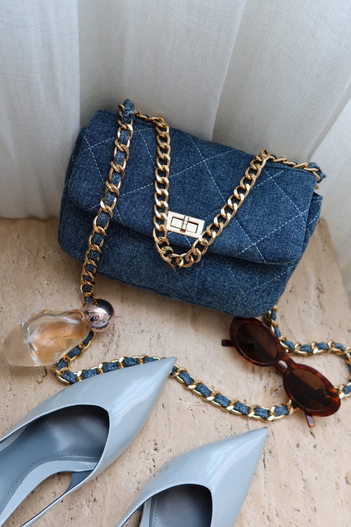 Britney Quilted Denim Crossbody Bag - Denim Gold