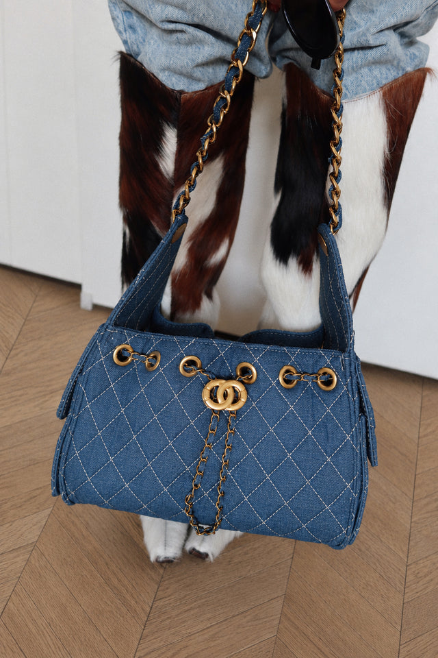 Camila Quilted Denim Shoulder Bag - Dark Blue