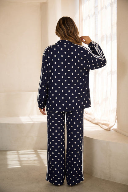 Janelle Polka Dot Track Pants Set - Navy