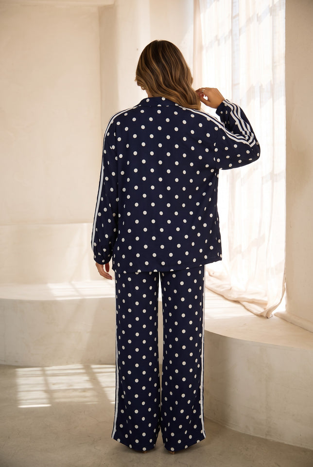 Janelle Polka Dot Track Pants Set - Navy