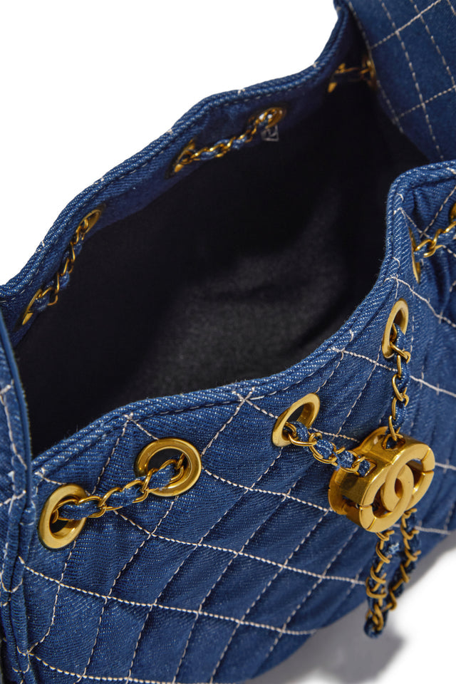 Camila Quilted Denim Shoulder Bag - Dark Blue