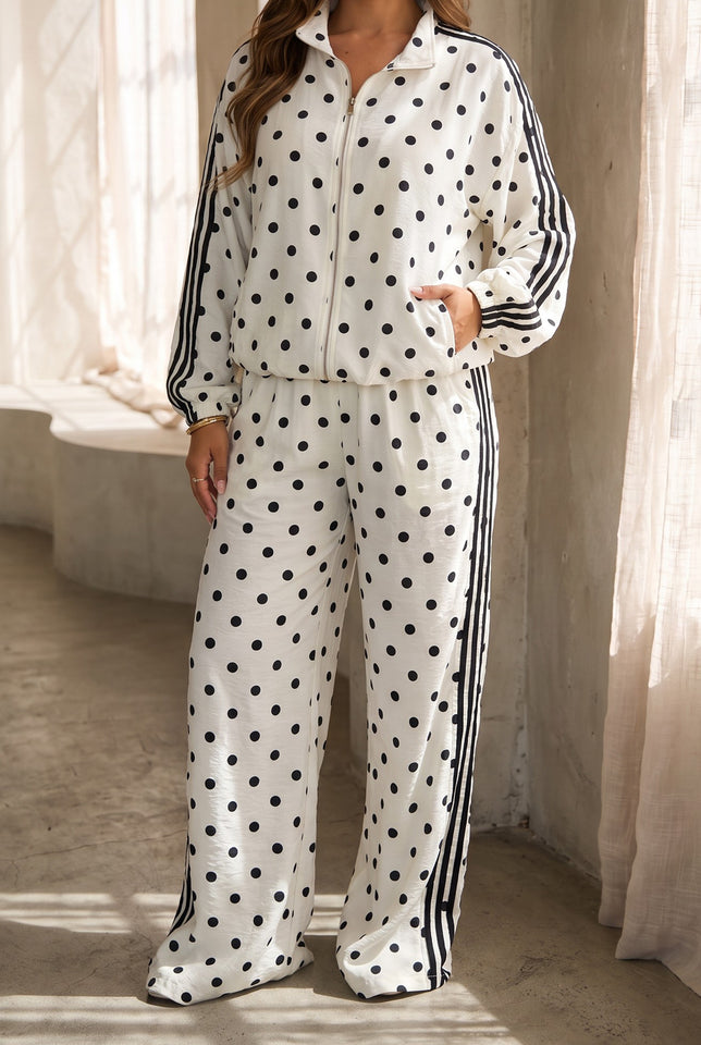 Janelle Polka Dot Track Pants Set - Ivory