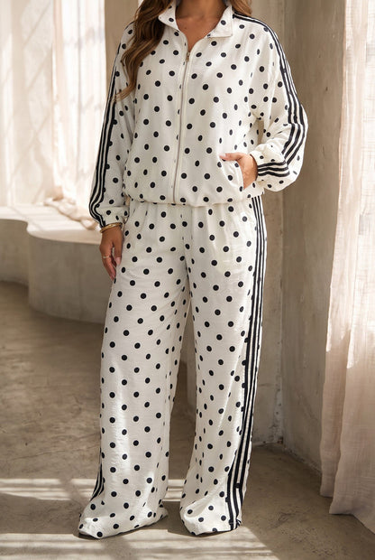 Janelle Polka Dot Track Pants Set - Ivory