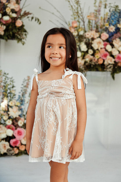 Mini Lacey Bow Straps Dress - White
